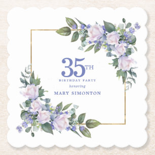 White Rose Blue Floral Custom 35th Birthday Party Paper Coaster