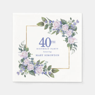 White Rose Blue Floral Custom 40th Birthday Party Napkins