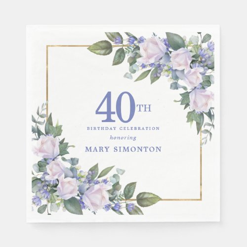 White Rose Blue Floral Custom 40th Birthday Party Napkins