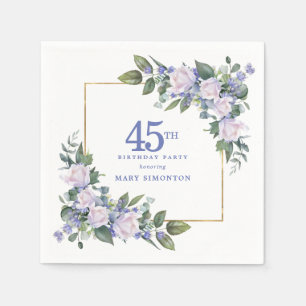 White Rose Blue Floral Custom 45th Birthday Party Napkins