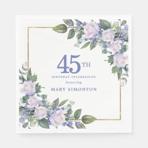 White Rose Blue Floral Custom 45th Birthday Party Napkins