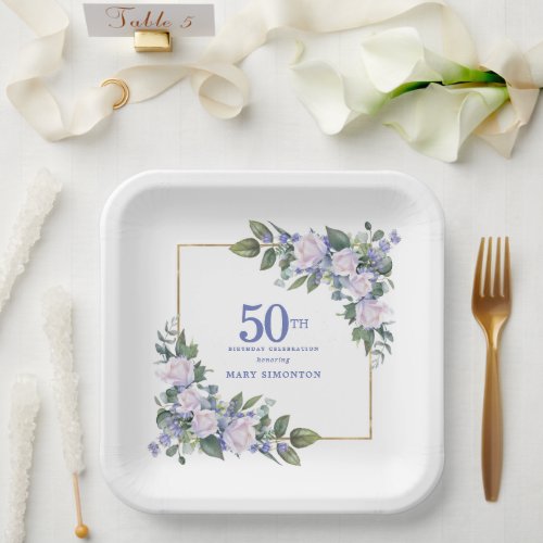 White Rose Blue Floral Custom 50th Birthday Party Paper Plates