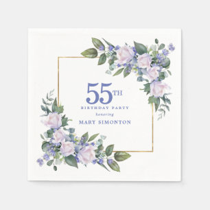 White Rose Blue Floral Custom 55th Birthday Party Napkins