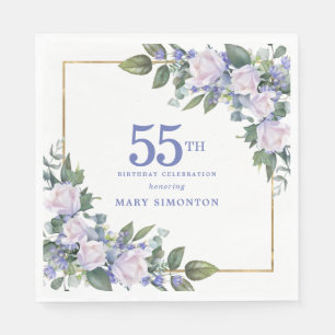 White Rose Blue Floral Custom 55th Birthday Party Napkins