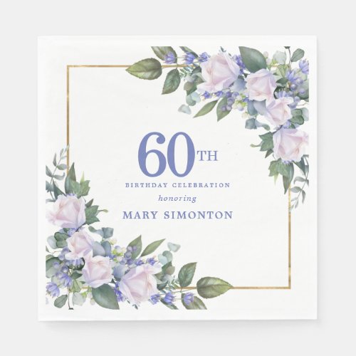 White Rose Blue Floral Custom 60th Birthday Party Napkins