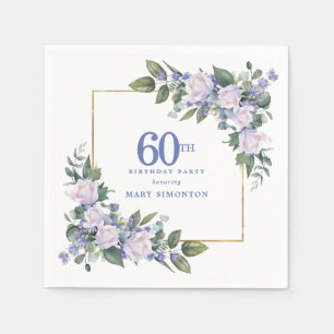 White Rose Blue Floral Custom 60th Birthday Party Napkins