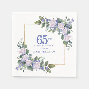 White Rose Blue Floral Custom 65th Birthday Party Napkins