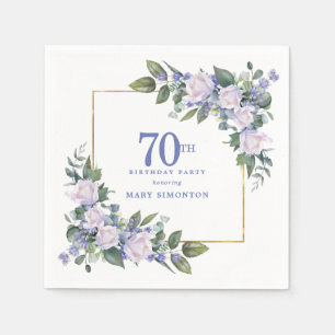 White Rose Blue Floral Custom 70th Birthday Party Napkins