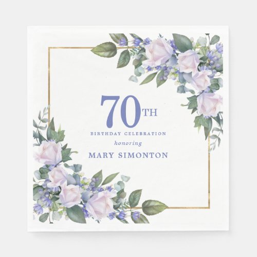 White Rose Blue Floral Custom 70th Birthday Party Napkins