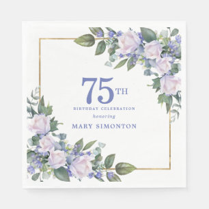 White Rose Blue Floral Custom 75th Birthday Party Napkins