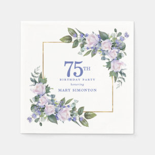 White Rose Blue Floral Custom 75th Birthday Party Napkins