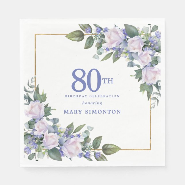 White Rose Blue Floral Custom 80th Birthday Party Napkins (Front)
