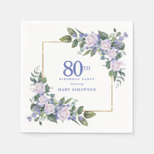 White Rose Blue Floral Custom 80th Birthday Party Napkins