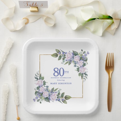 White Rose Blue Floral Custom 80th Birthday Party Paper Plates