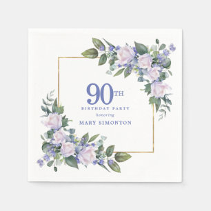 White Rose Blue Floral Custom 90th Birthday Party Napkins