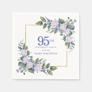 White Rose Blue Floral Custom 95th Birthday Party Napkins