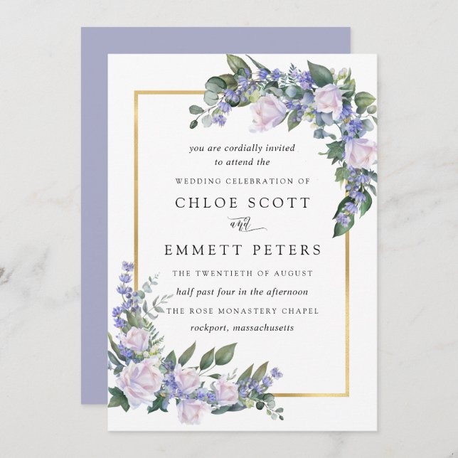 White Rose Blue Floral Wedding Invitation (Front/Back)