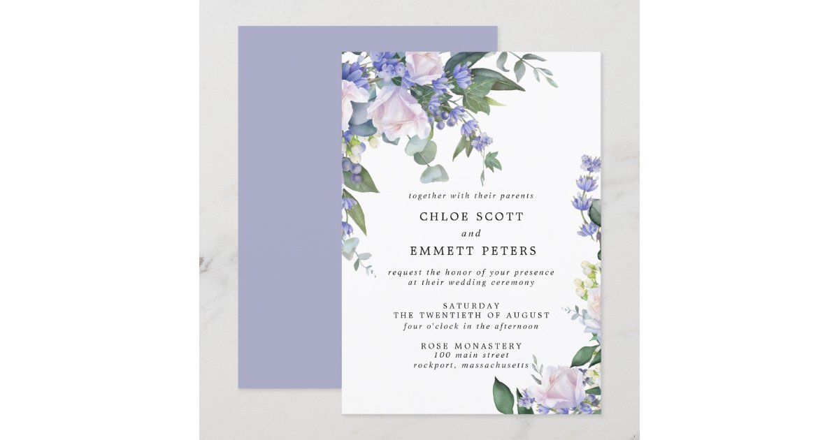 White Rose Blue Floral Wedding Invitation Zazzle