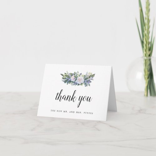 White Rose Blue Floral Wedding Photo Thank You Card