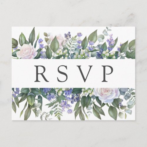 White Rose Blue Floral Wedding RSVP Postcard