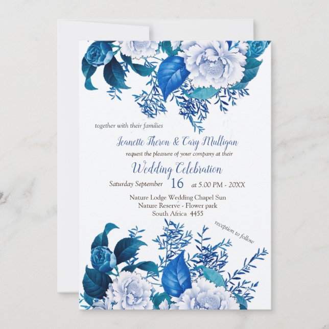 White Rose Blue Flowers on Cryspy White Invitation (Front)