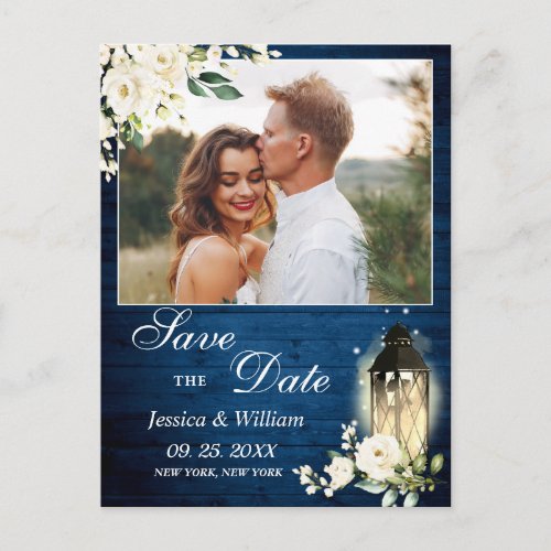 White Rose Blue Wood PHOTO Wedding Save the Date Postcard