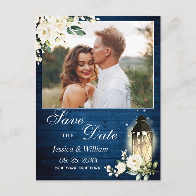 White Rose Blue Wood PHOTO Wedding Save the Date Postcard (Front)
