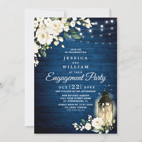 White Rose Blue Wood Rustic Engagement Party Invitation