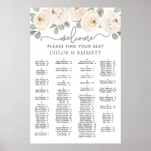 White Rose Botanical Alphabetical Seating Chart