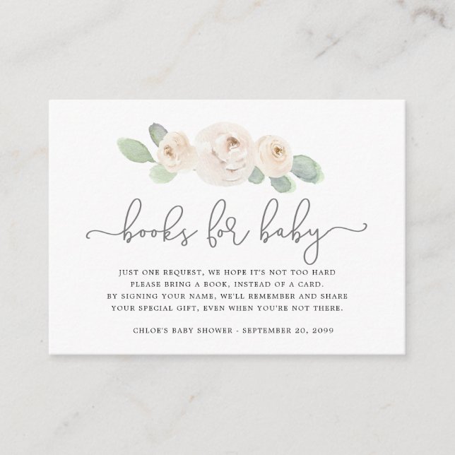 White Rose Botanical Book Request Baby Shower Enclosure Card (Front)