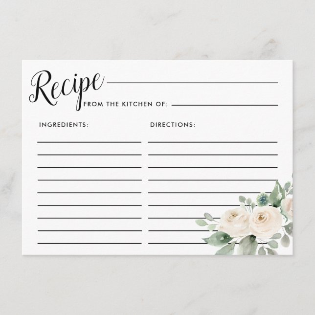 White Rose Botanical Bridal Shower Recipe Card (Front)