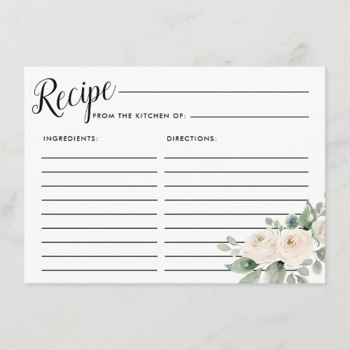 White Rose Botanical Bridal Shower Recipe Card
