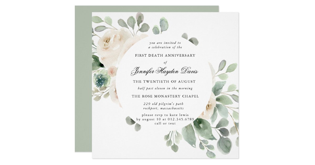 White Rose Botanical First Death Anniversary Invitation | Zazzle.com 1st Year Death Anniversary Prayer Invitation