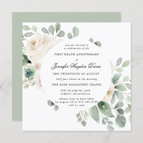 White Rose Botanical First Death Anniversary Invitation