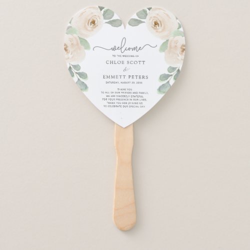 White Rose Botanical Wedding Program Hand Fan
