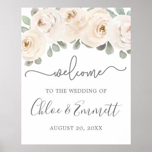 White Rose Botanical Wedding Welcome Sign