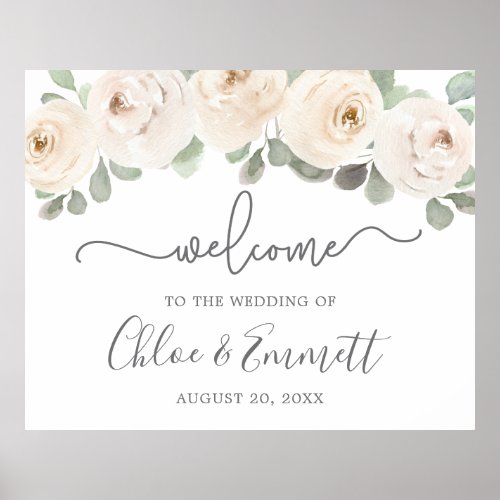 White Rose Botanical Wedding Welcome Sign