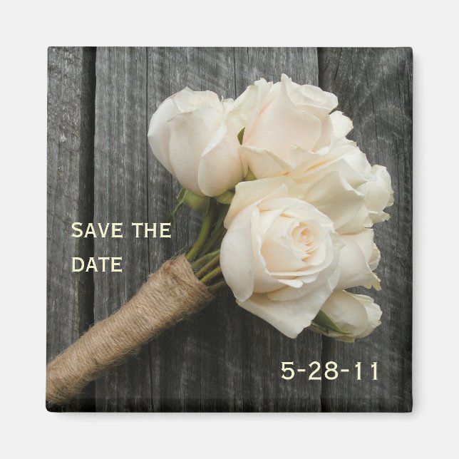 White Rose Bouquet and Barnwood Save The Date Magnet (Front)