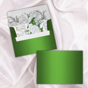 White Rose Bouquet and Metallic Green Wedding Envelope
