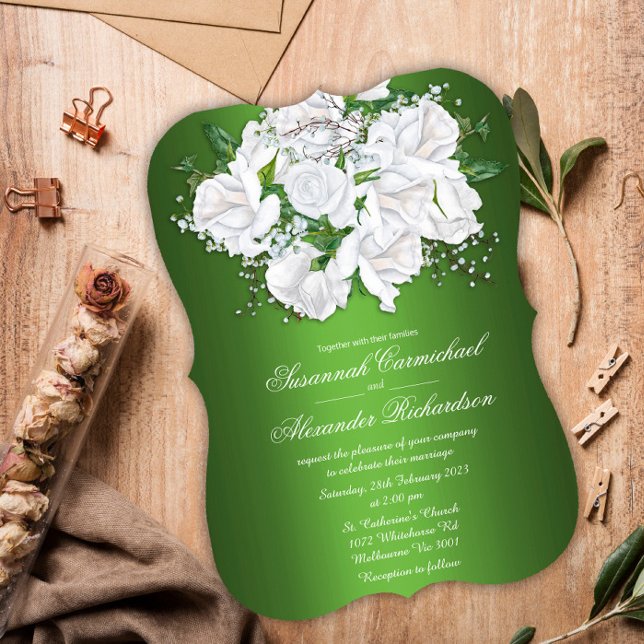 White Rose Bouquet and Metallic Green Wedding  Invitation (Creator Uploaded)