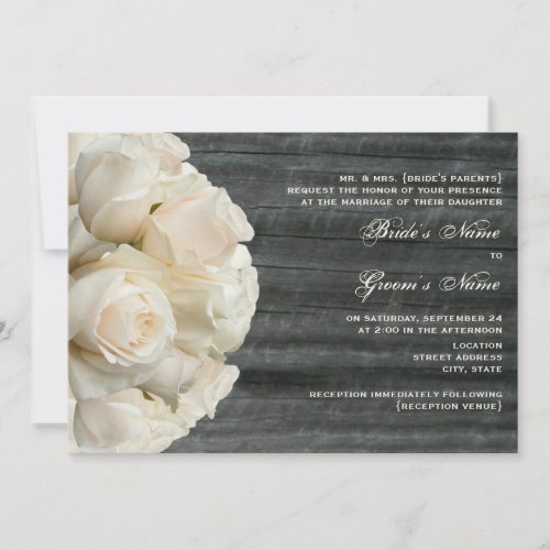 White Rose Bouquet &amp; Barnwood Wedding Custom Invites