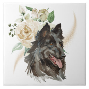 White Rose Bouquet Belgian Tervuren Dog Ceramic Tile