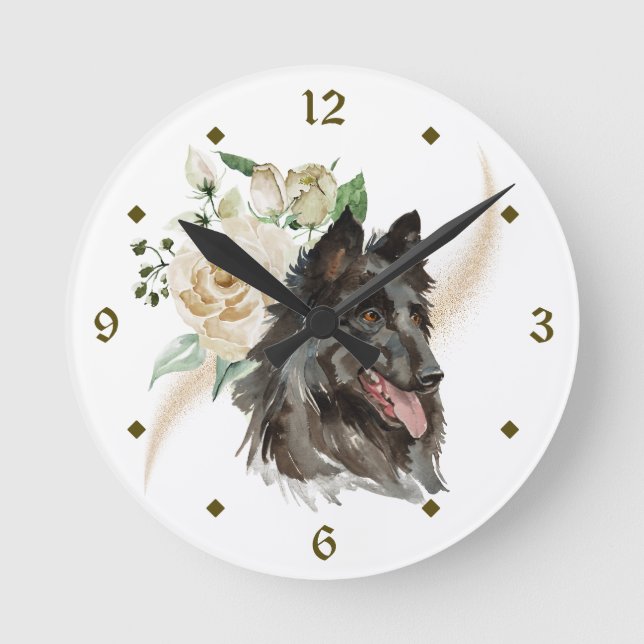 White Rose Bouquet Belgian Tervuren Dog Round Clock (Front)