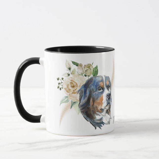 White Rose Bouquet Bernese Mountain Dog Mug (Left)