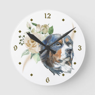 White Rose Bouquet Bernese Mountain Dog Round Clock