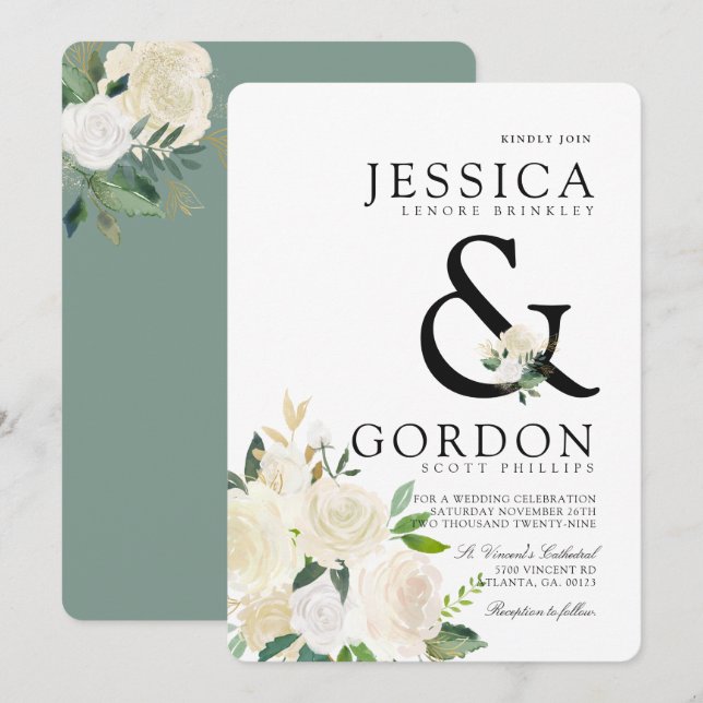 White Rose Bouquet | Bold Ampersand Wedding Invite (Front/Back)