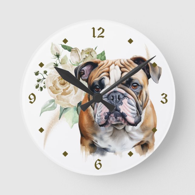 White Rose Bouquet Bulldog Round Clock (Front)