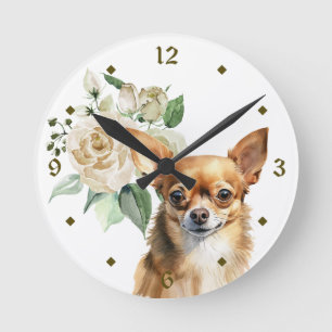 White Rose Bouquet Chihuahua Dog Round Clock