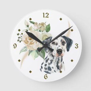 White Rose Bouquet Dalmatian Dog Round Clock