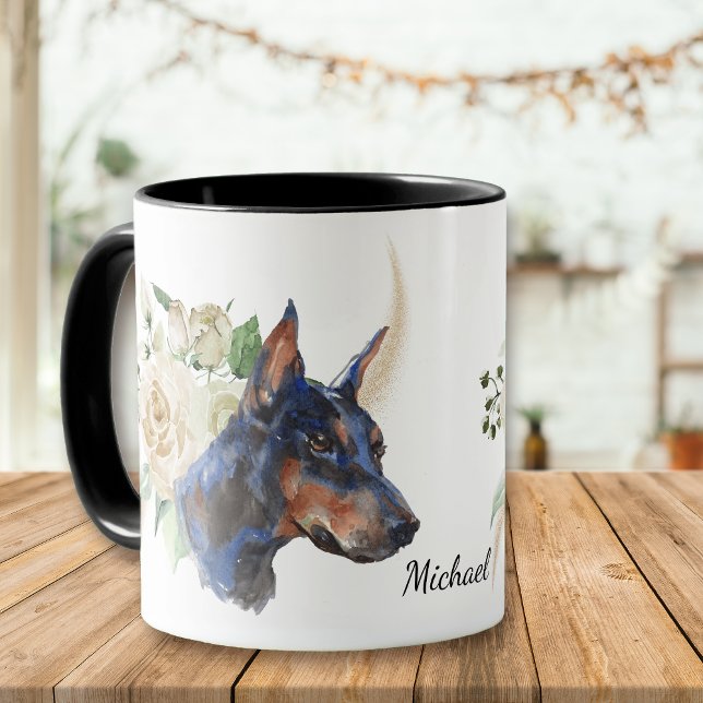 White Rose Bouquet Doberman Pinscher Dog Mug (Creator Uploaded)